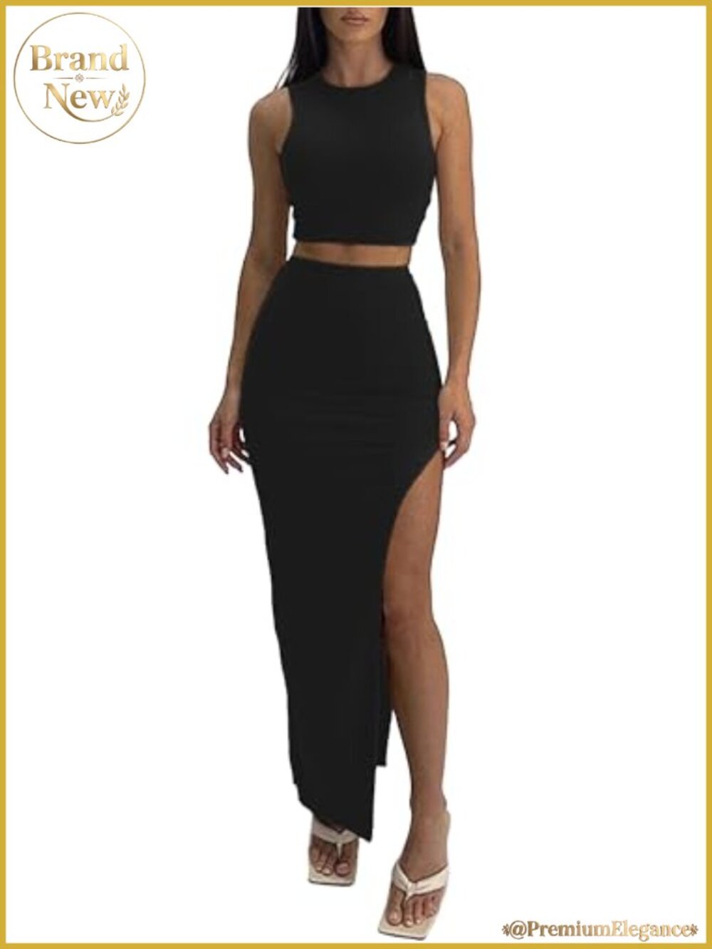 Sexy 2 Piece Maxi Skirt Set Sleeveless Crop Top Side Split Going Out